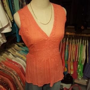 MYSTIQUE AURA PETITE ♡ Gorgeous Coral V Neck Embroidered Beaded Babydoll Top PS